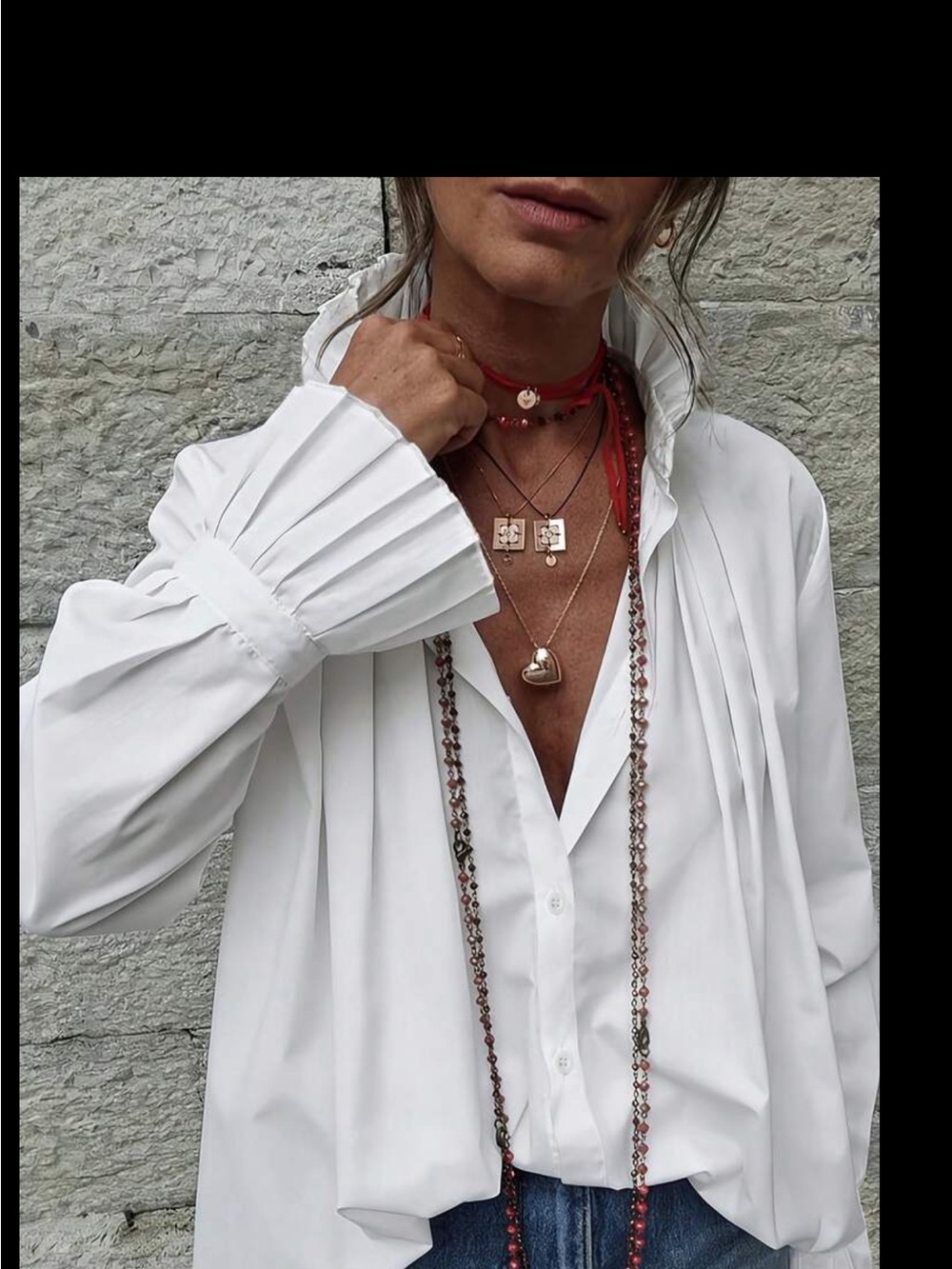 White Pleated Cuff V-Neck Women's Blouse